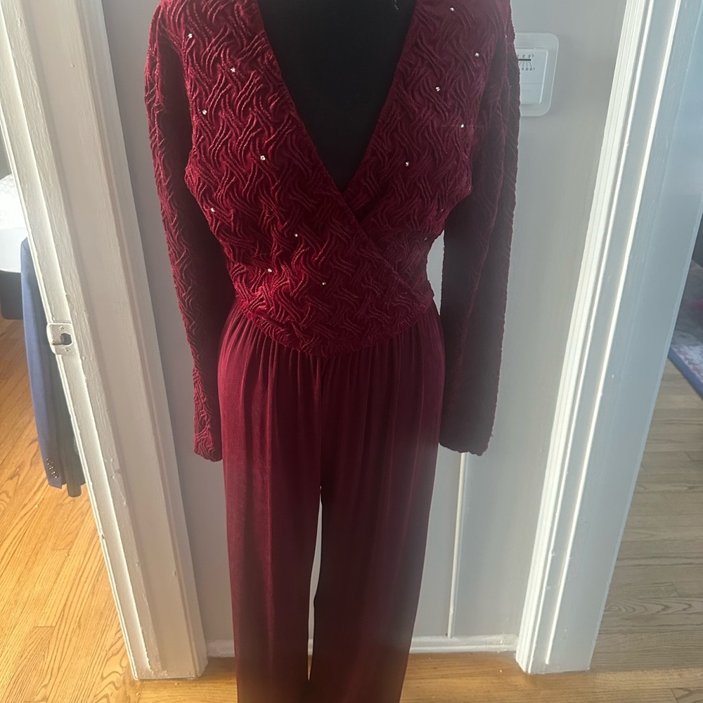 Vintage Deep Red Velvet Jumpsuit Rhinestone Wrap Top Made in USA Small